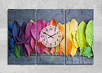 Картина Часы Разноцветная палитра Яркие Осенние листья Природа Опавшие листья Декор на стену Цветные листики
