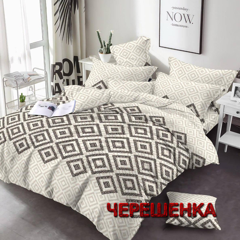 Бавовняна тканина для постільної білизни Бязь Gold Lux 220 см геометричний принт ромби на кремовому, Пакистан