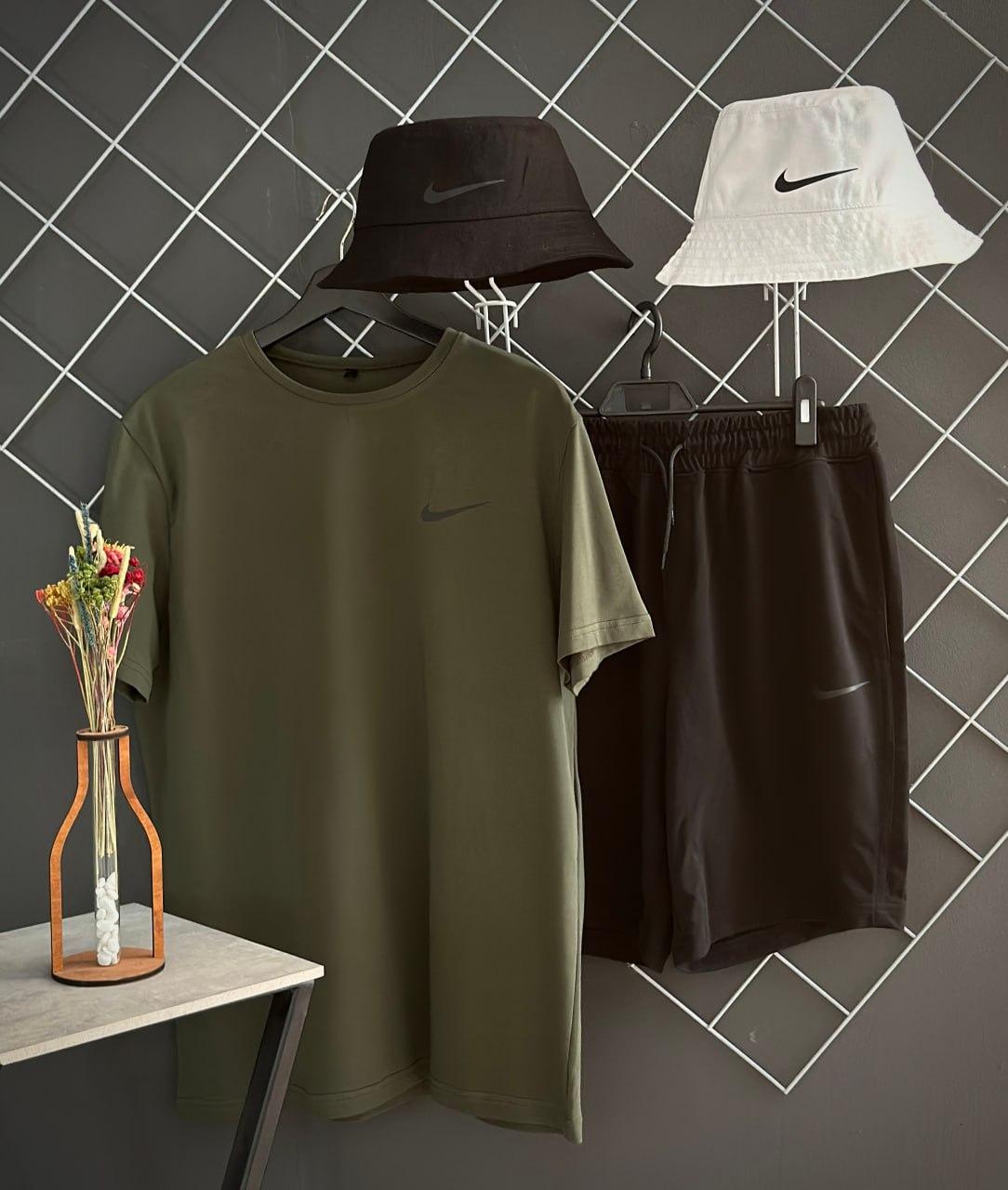 Чоловічий літній костюм 3в1 Nike Футболка + Шорти + Панамка комплект Найк на літо хакі з чорним