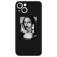 Защитный силиконовый Чехол с рисунком на телефон iPhone 13 mini (черный) матовый для девушек | "Мона лиза"
