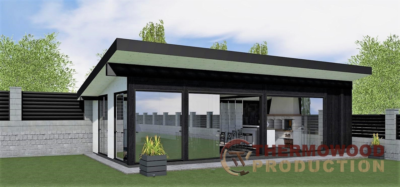 Альтанка дерев'яна Modern Gazebo 012 з розсувними панорамними вікнами 10,3 х4, 2м від Thermowood Production