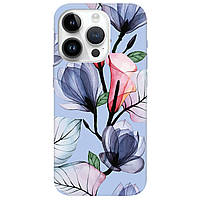 Оригинальный Чехол из силикона с рисунком на смартфон iPhone 14 Pro Max голубой матовый | "Тропические цветы"