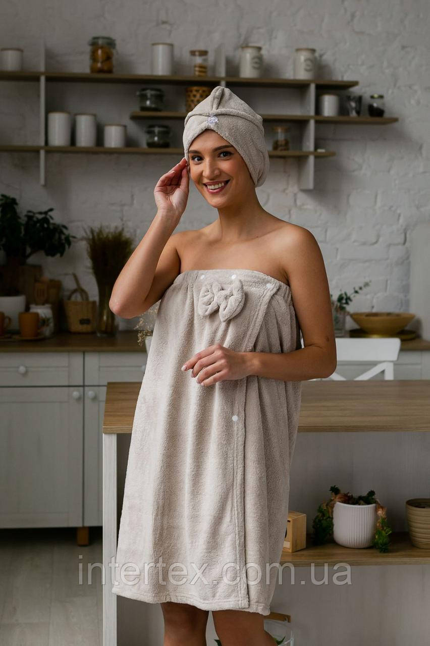 Рушник-халат з шапочкою і пов'язкою мікрофібра (кремовий) 150х80 см, фото 1