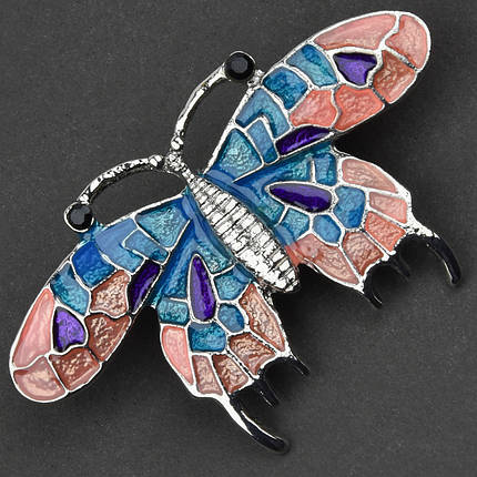 Брошка металева на сріблястій основі метелик із чорними стразами покрита кольоровою емаллю розмір 30х50 мм, фото 1