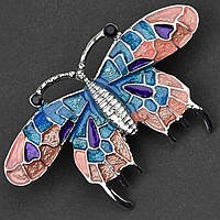 Брошь металлическая на серебристой основе бабочка с черными стразами покрыта цветной эмалью размер 30х50 мм