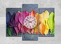 Картина Часы Осенние листочки Природа Краски Радуга Опавшие листья Яркий Декор на стену Цветные листики