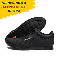 Летние мужские кожаные кроссовки черные повседневные из натуральной кожи с перфорацией обувь *600ч.П*