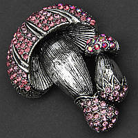Брошь металлическая на серебристой основе грибочки с розовыми переливающимися кристаллами размер 50х35 мм