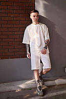 Мужской летний комплект футболка и шорты однотонный белый / Оверсайз легкий спорт костюм трикотажный білий