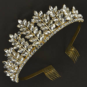 Корона діадема висота 5 см на металевій основі золотистого кольору з гребінцями гілочки з кристалами