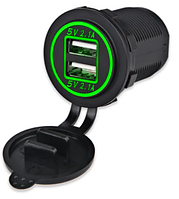 Адаптер встраиваемый в авто/мото USB 5v 2.1A и USB 5v 1A прикуриватель 54x37 мм Зеленая подсветка