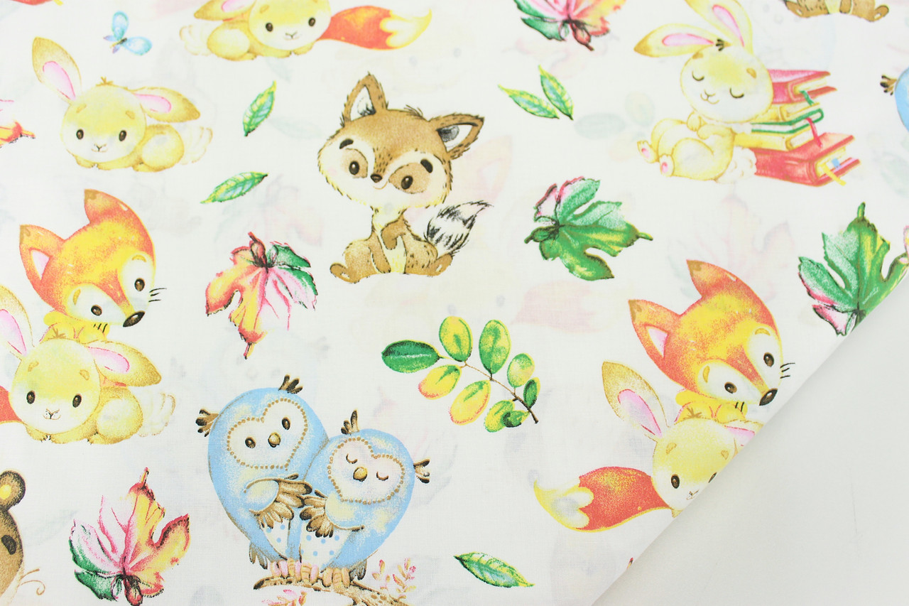 Тканина бавовняна "Звірятка з книжками в осіннє листя" на білому тлі №1891, фото 1