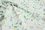 Тканина бязь "Бембы та  єноти " з мятними листочками на білом фоні № С-1909, фото 3