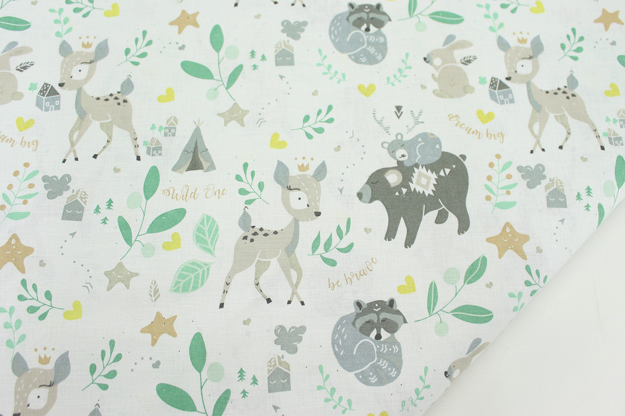 Тканина бязь "Бембы та  єноти " з мятними листочками на білом фоні № С-1909, фото 1