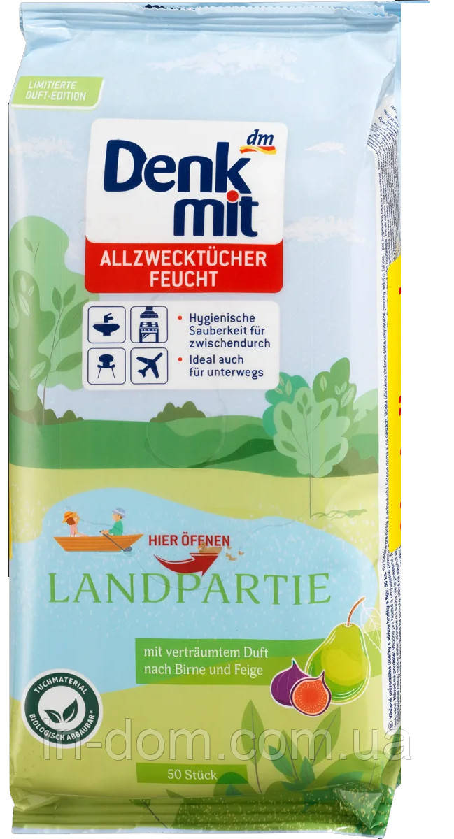 Denkmit Feuchte Allzwecktücher Landpartie Вологі серветки для швидкого очищення з ароматом груші та інжиру 50 шт