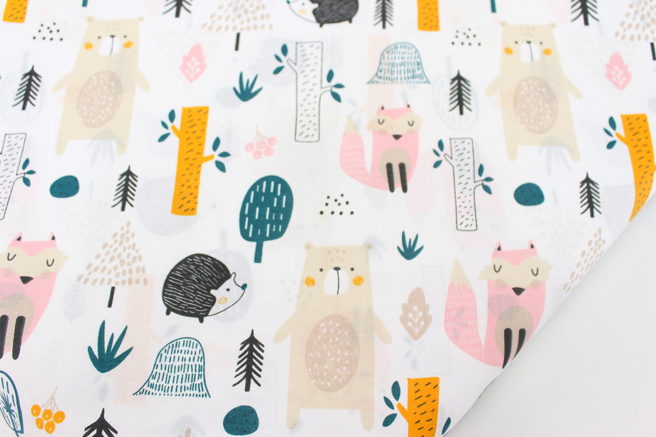 Бавовняна тканина "Звірята в лісі" на білому тлі No1427, фото 1