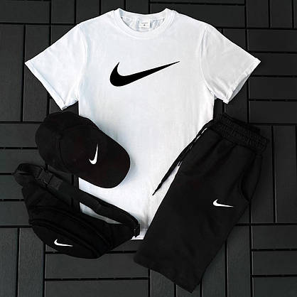 Літній спортивний костюм чоловічий Nike біло-чорний комплект 3 в 1 футболка шорти кепка комплекти чоловічі легкі, фото 3