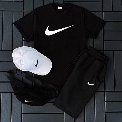 Літній спортивний костюм чоловічий Nike біло-чорний комплект 3 в 1 футболка шорти кепка комплекти чоловічі легкі, фото 4