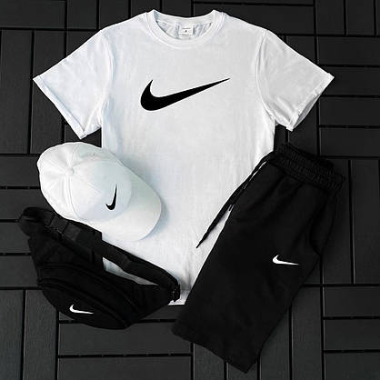 Літній спортивний костюм чоловічий Nike біло-чорний комплект 3 в 1 футболка шорти кепка комплекти чоловічі легкі, фото 6