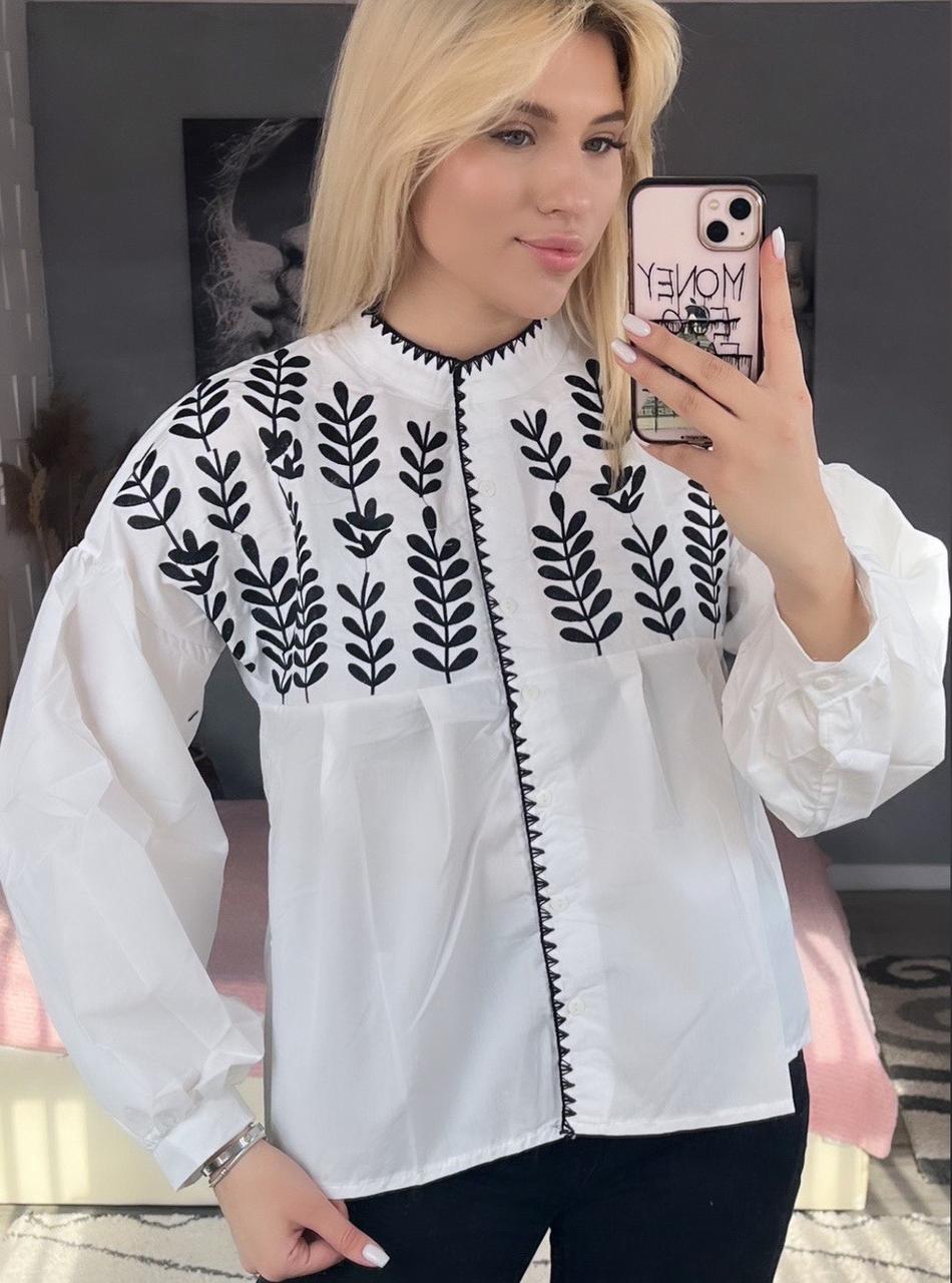 Стильна жіноча вишиванка білого кольору з чорною вишивкою.