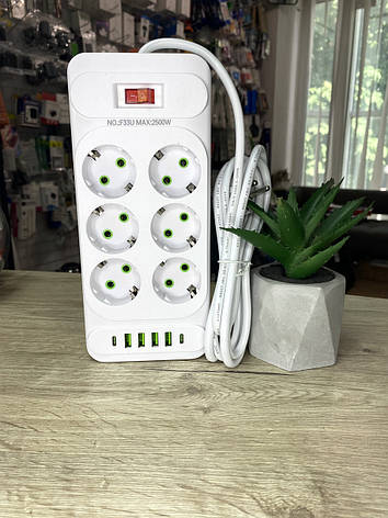 Мережевий фільтр живлення F33U 6 розеток + 4 USB + 2Type-C подовжувач 2 м, фото 1