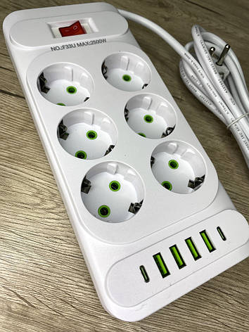 Мережевий фільтр живлення F33U 6 розеток + 4 USB + 2Type-C подовжувач 2 м, фото 3