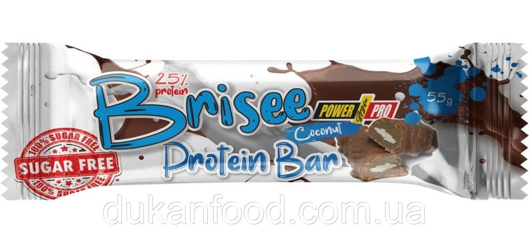 Протеїновий батончик BRISEE BAR з кокосом, 25% білка, БЕЗ ЦУКРУ, 55 г