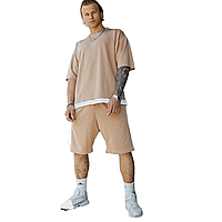 Літній спортивний костюм чоловічий бєжевого кольору, шорти та футболка, пошив оверсайз.