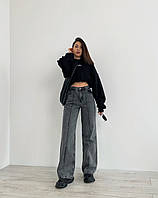 Серые женские джинсы трубы с высокой талией и выточками 36