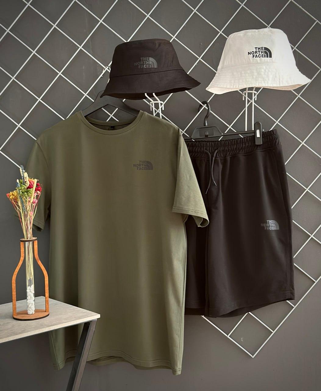 Чоловічий літній костюм 3в1 The North Face Футболка + Шорти+ Панамка комплект Зе Норт Фейс на літо хакі з чорним