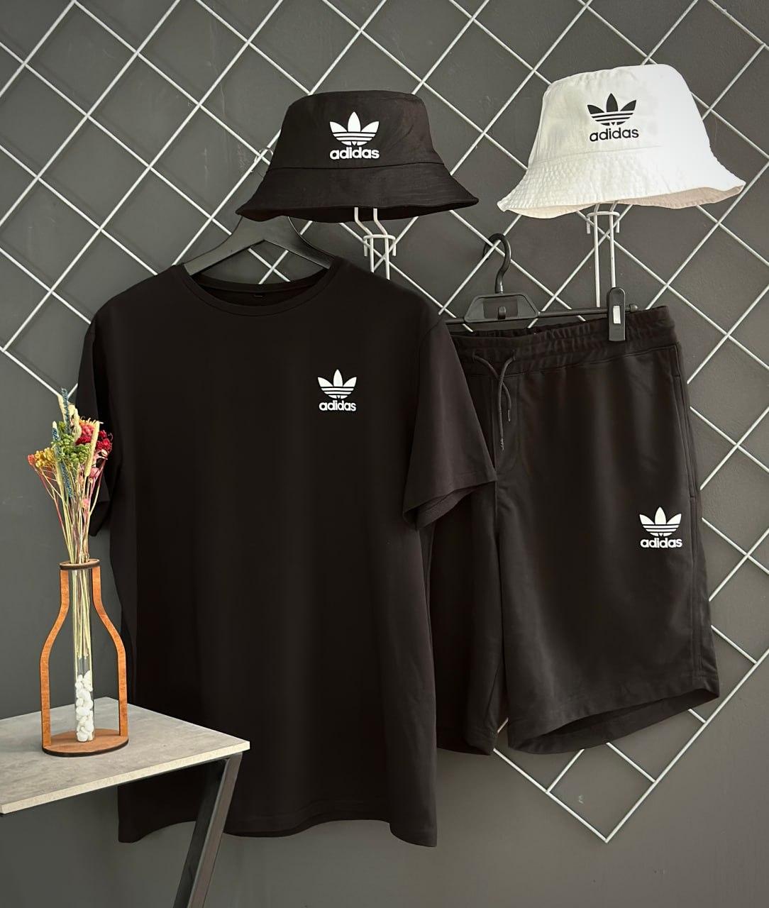 Чоловічий літній костюм 3в1 Adidas Футболка + Шорти + Панамка чорний комплект Адідас на літо