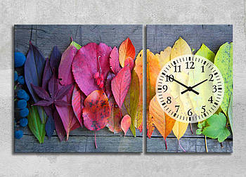 Картина з Годинником Затишок Осінні листочки Різнобарвне листя Веселка Природа Листя з дерев Декор на стіну