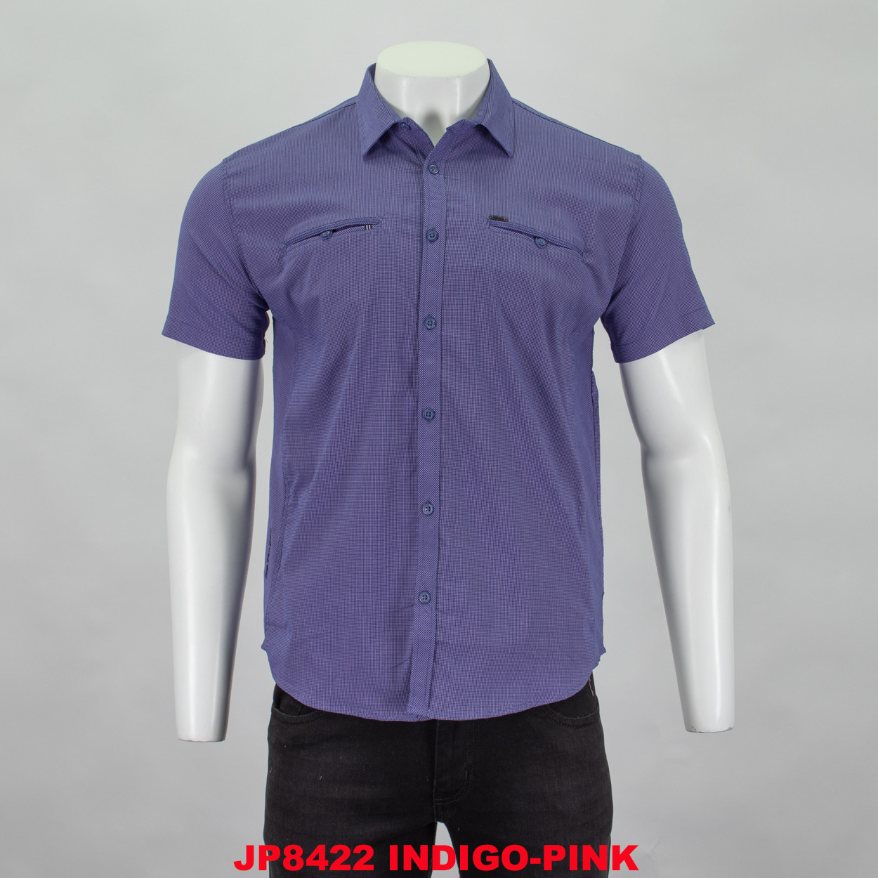 Сорочка чоловіча, приталена (Slim Fit) з коротким рукавом, Bagarda JP8422 INDIGO-PINK 93% бавовна 7% еластан