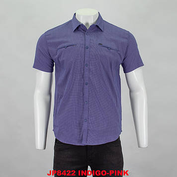 Сорочка чоловіча, приталена (Slim Fit) з коротким рукавом, Bagarda JP8422 INDIGO-PINK 93% бавовна 7% еластан