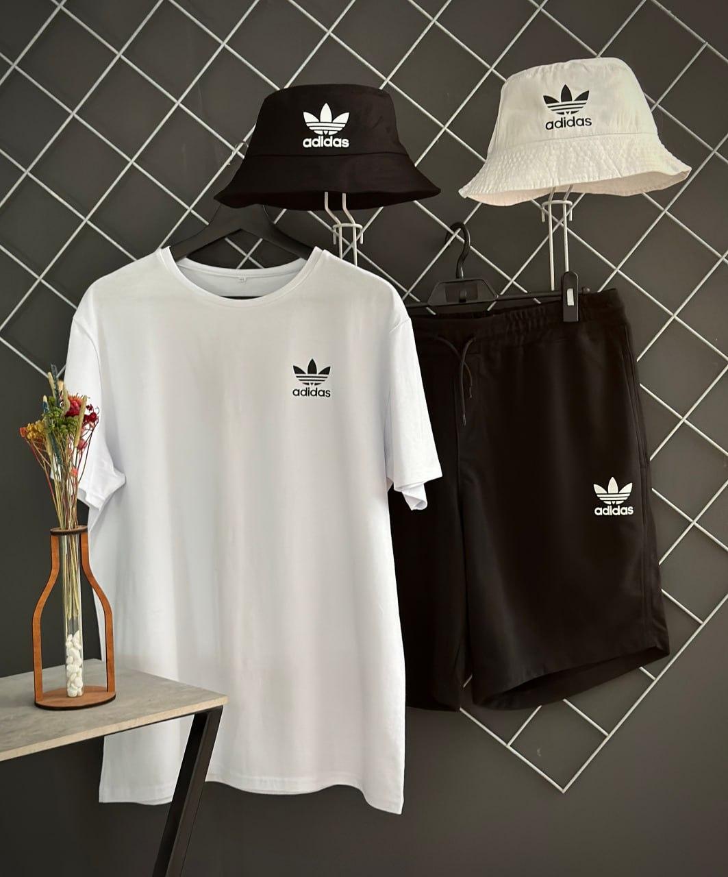 Чоловічий літній костюм 3в1 Adidas Футболка + Шорти + Панамка комплект Адідас на літо білий із чорним