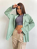 Оливковая трендовая однотонная женская вельветовая рубашка на пуговицах с карманом