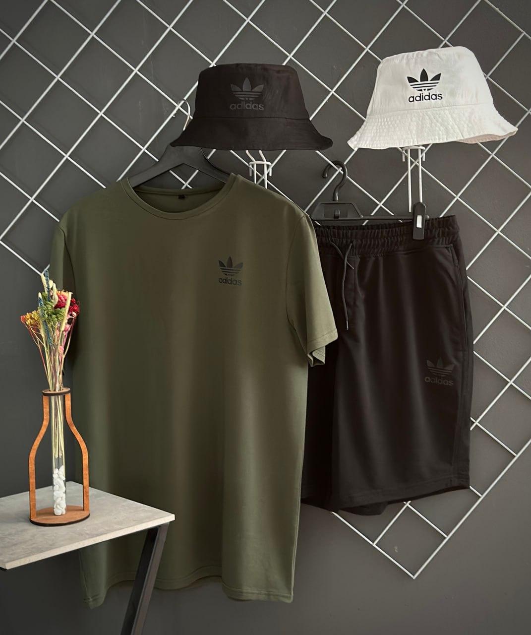 Чоловічий літній костюм 3в1 Adidas Футболка + Шорти + Панамка комплект Адідас на літо хакі