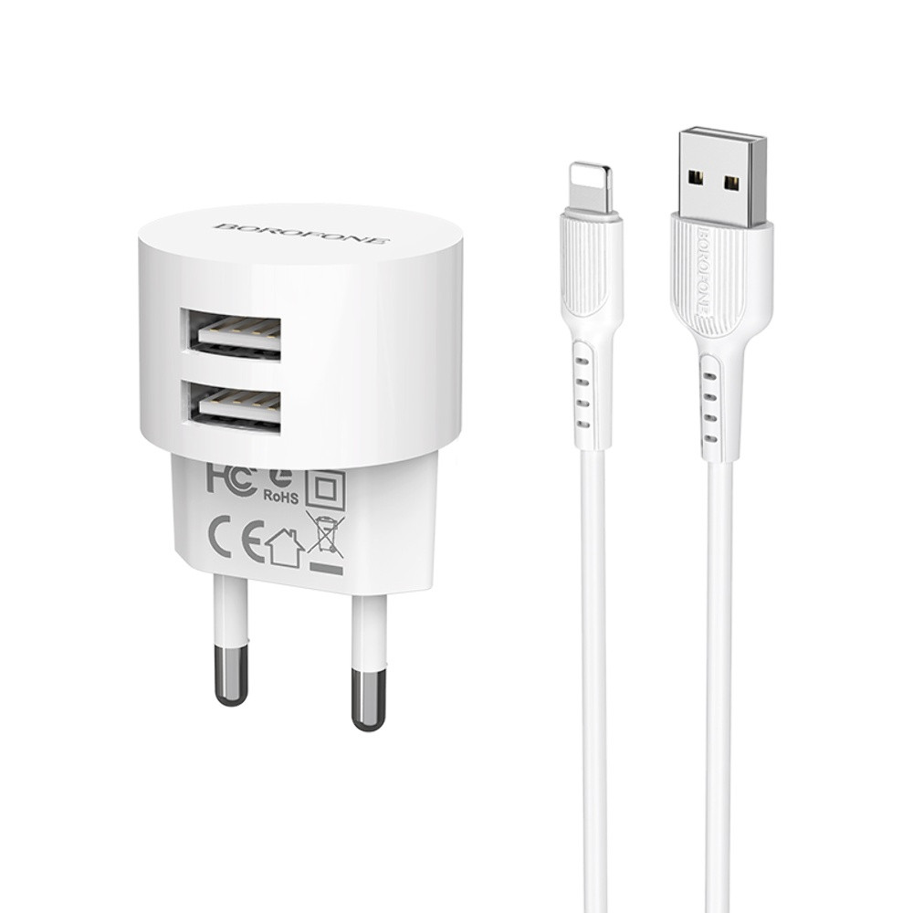 TU TU Сетевое зарядное устройство Borofone BA23A 2 USB белое + кабель USB to Lightning