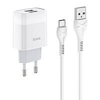 Мережевий зарядний пристрій Hoco C73A 2 USB білий + кабель USB to Type-C