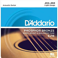 Струни для акустичної гітари 6 шт D'Addario EJ16 Phosphor Bronze Light Acoustic Guitar Strings 12/53