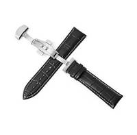Ремешок для часов из натуральной кожи с серебристой застежкой GENUINE LEATHER 18 мм Черный с белой ниткой