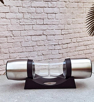 Млин подвійний механічний для спецій на підставці колір металік BGMP-6107