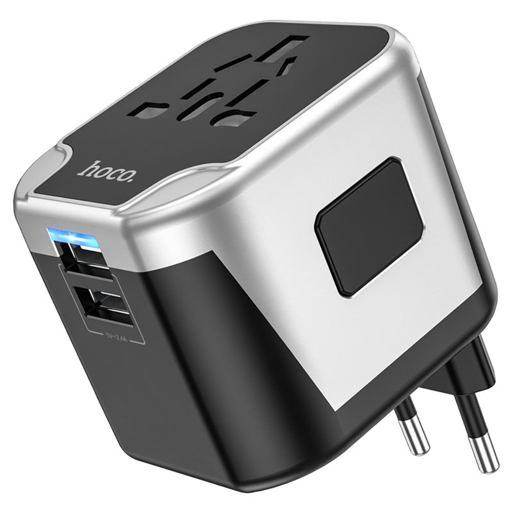 TU TU Сетевое зарядное устройство переходник Hoco AC5 2 USB (EU, US, UK, AUS) серебристо-черный