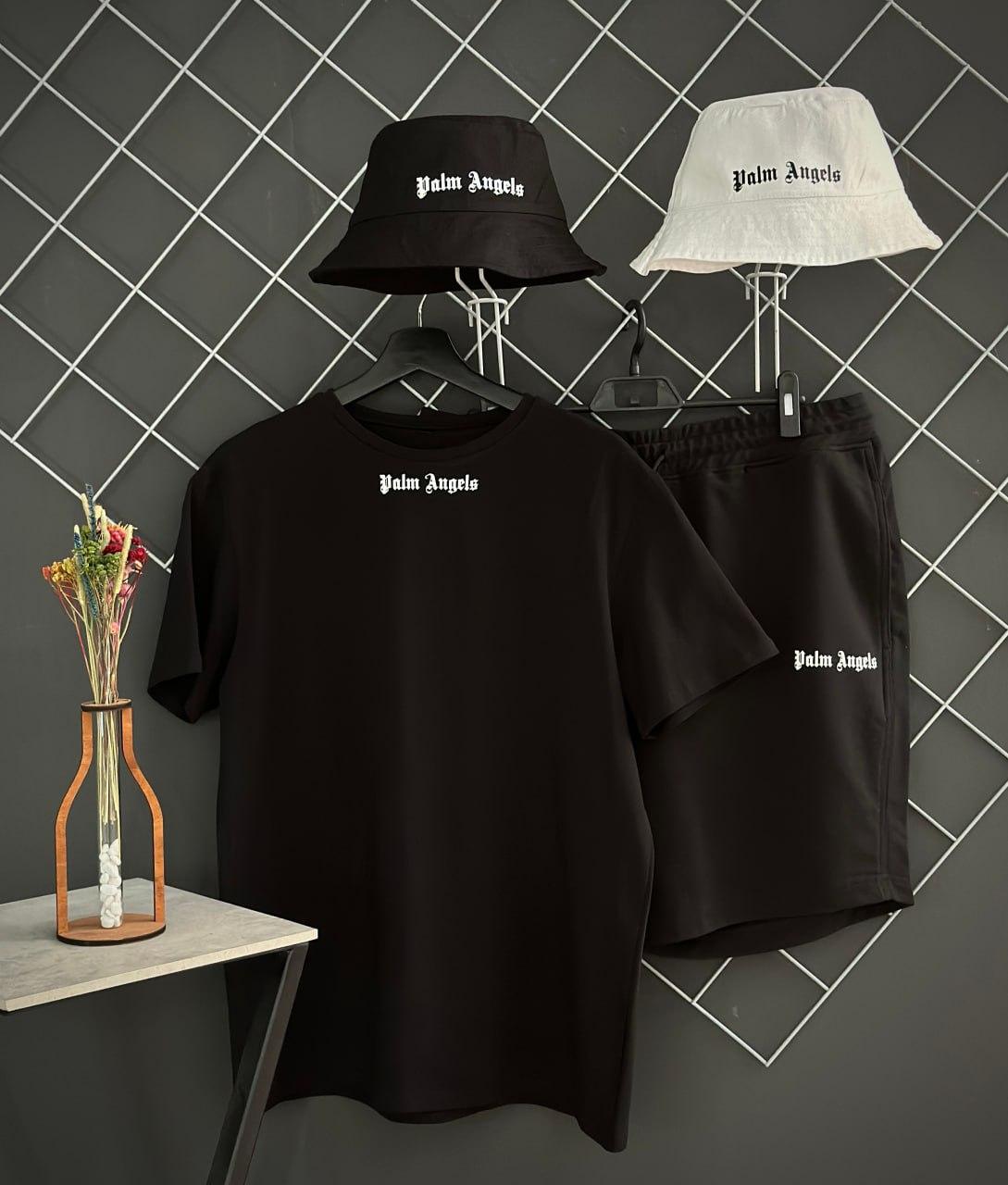 Чоловічий літній костюм 3в1 Palm Angels Футболка + Шорти + Панамка чорний комплект Палм Енджелс на літо, фото 1
