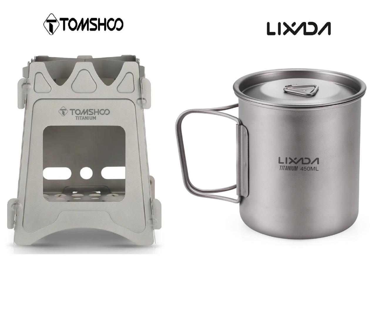 Титанова кружка з кришкою Lixada 450 мл та Титанова піч щепочниця розбірна Tomshoo titanium набір 2 в 1