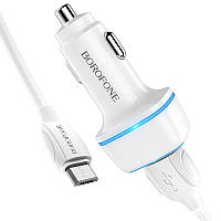 Автомобільний зарядний пристрій з підсвіткою Borofone BZ14 Max з кабелем MicroUSB 2 USB 1 m 2.4 A Білий