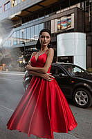 Вечернее красное атласное платье с пышной юбкой миди