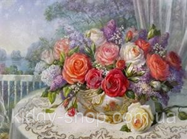 Алмазна вишивка. Картина на підрамнику "Троянди та бузок" , розмір 40х50см, фото 1