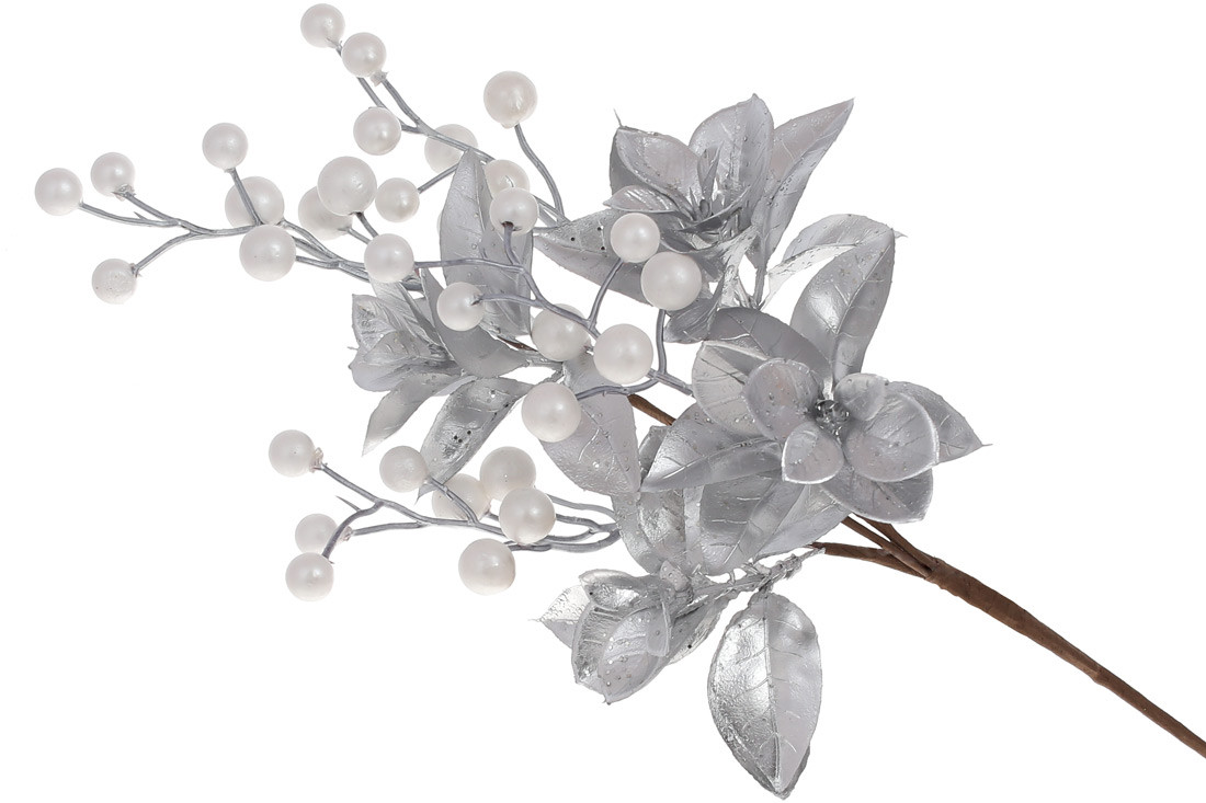 Декоративна гілка із сріблястим листям та білими ягодами, 43см - 12 шт УПАКОВКА ТОВАР ВІД ВИРОБНИКА