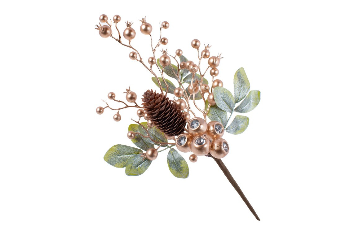 Декоративна гілка з листя та ягід з кристалом, колір: золото, 36см - 12 шт УПАКОВКА ТОВАР ВІД ВИРОБНИКА